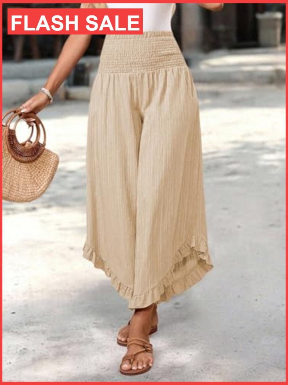 Wide Leg Palazzo Pants for Women High Waist Flowy Ruffle Hem Summer Beach - Picture 2 of 7